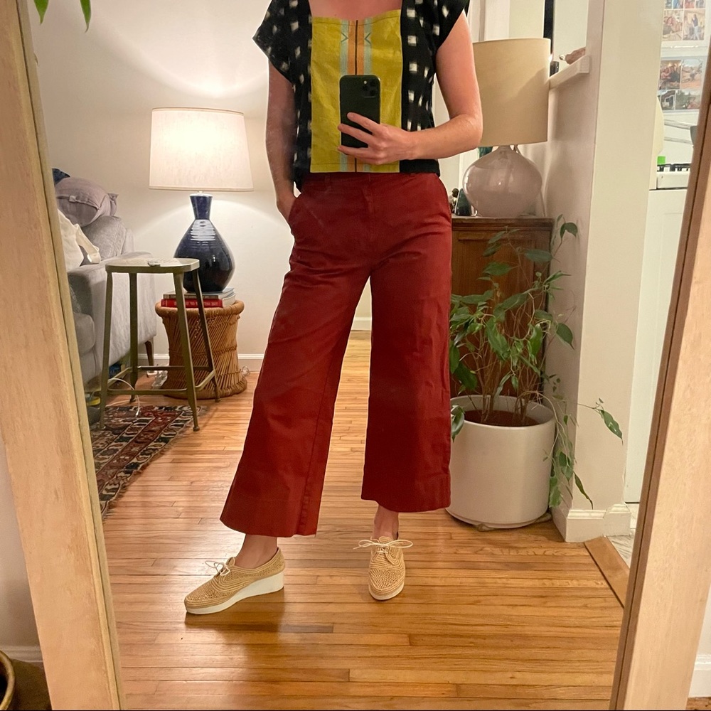 Rust-colored wide leg cropped pants